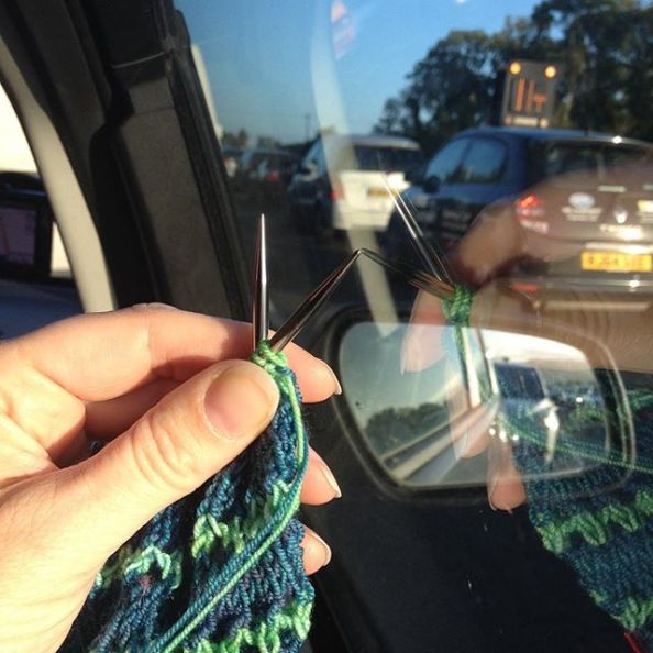 No, I'm not really knitting on the motorway! We were stopped for an hour due to an accident.